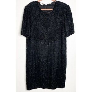 Vintage 90s Laurence Kazar Black Cocktail Dress Size 2X Black Sequin Beaded Silk